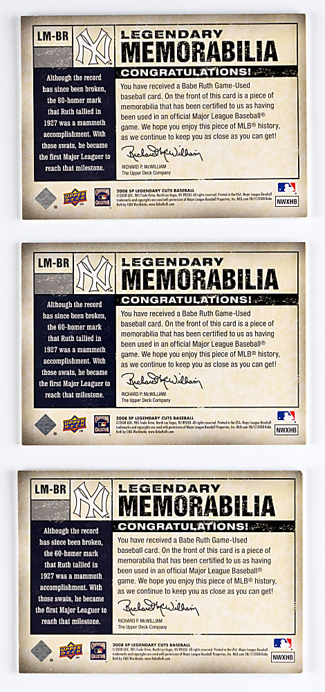 2008 SP Legendary Cuts Babe Ruth Legendary Memorabilia Game-Used Relic Trio - All #/25 or Lesser