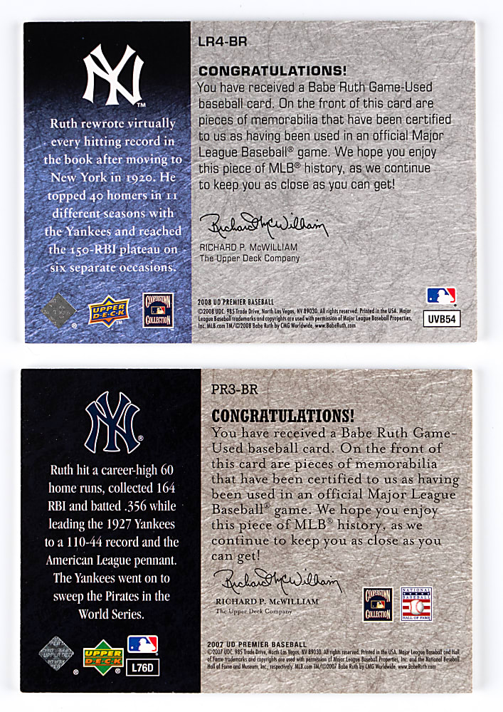 2007 & 2008 Upper Deck Premier Babe Ruth Game-Used Pair with (7) Total Pieces!