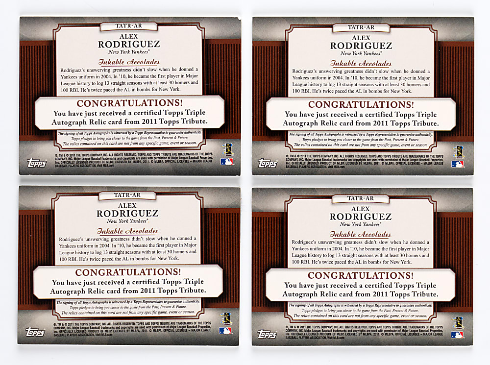2011 Topps Tribute Alex Rodriguez Autographed Triple Relic Near Rainbow Set (4/5)