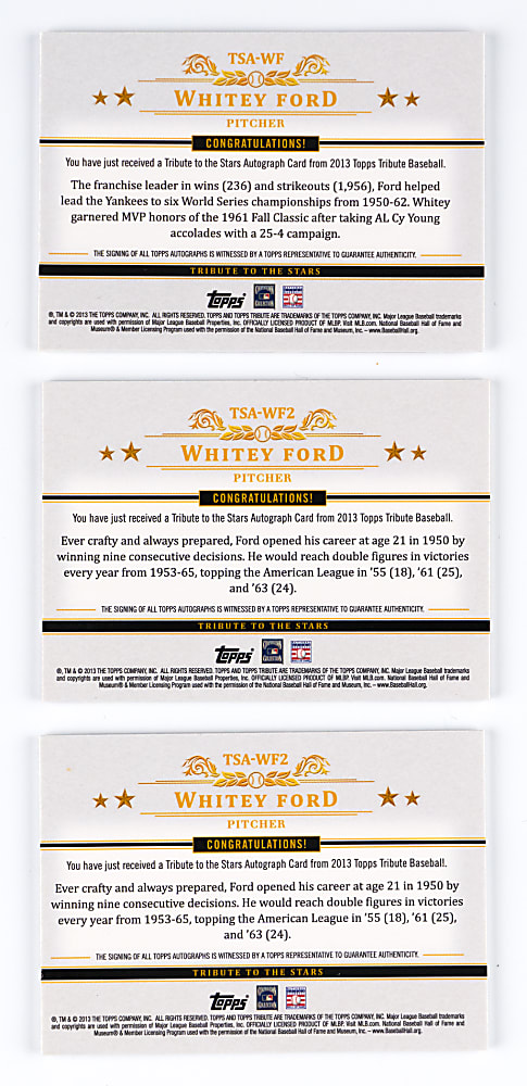 2013 Topps Tribute Whitey Ford To The Stars Certified Autograph Trio with #1/1 Purple