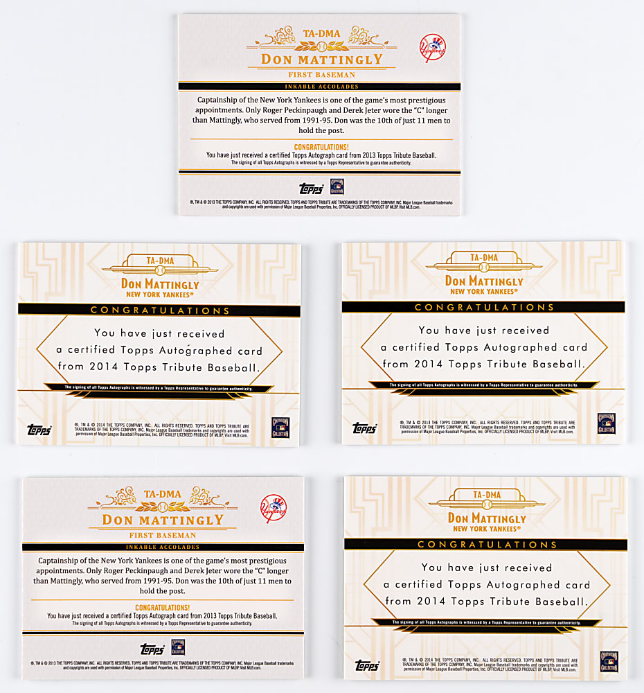 2013 & 2014 Topps Tribute Don Mattingly Certified Autographs (5) Different with #1/1 Printing Plate