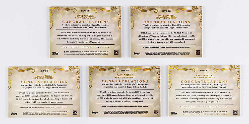 2015 Topps Tribute Paul O'Neill Rightful Recognition Certified Autograph Near Rainbow Set (5) with #1/1 Onyx