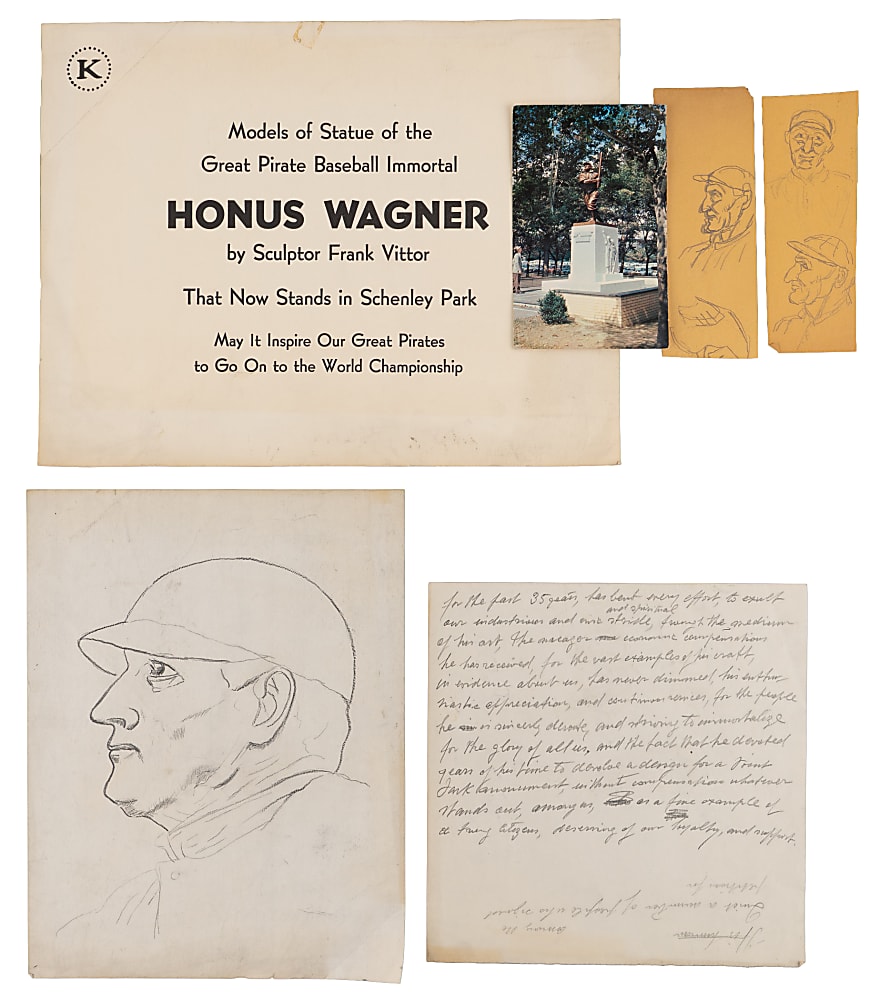 Vintage Honus Wagner 18" Bust Plus Frank Vittor Sketches & Ephemera
