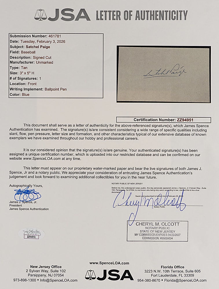 Satchel Paige Signed Index Card with Full JSA LOA