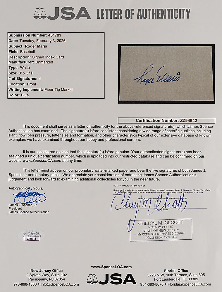 Roger Maris Boldly Signed Index Card with Full JSA LOA