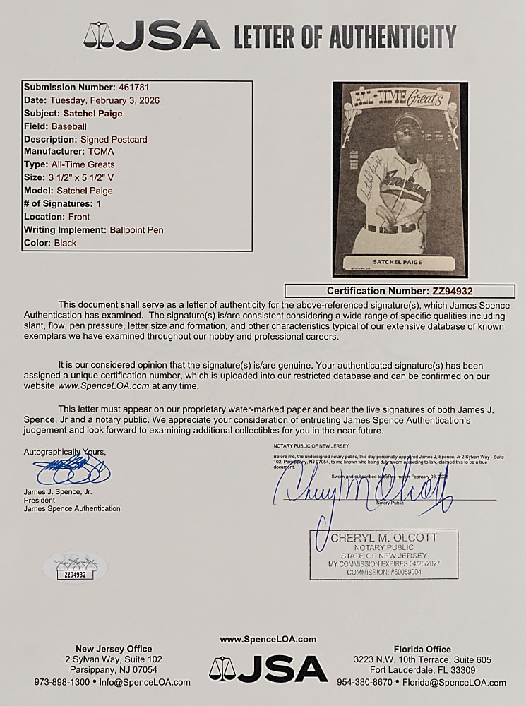 Signed 1973-80 TCMA All-Time Greats Satchel Paige PSA Auto 10 Plus JSA FULL LOA