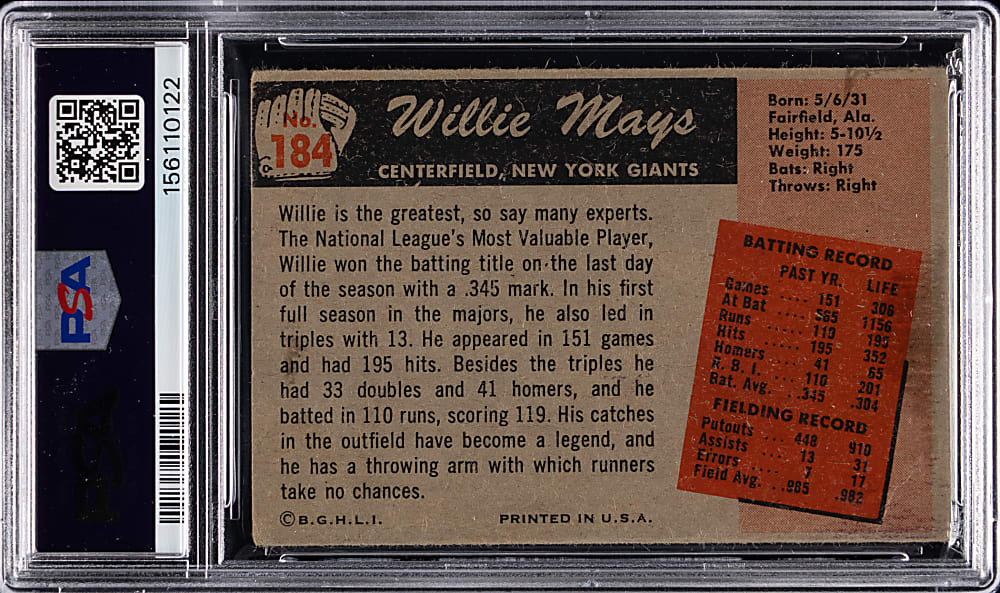 Signed 1955 Bowman #184 Willie Mays PSA/DNA Auto Grade 10