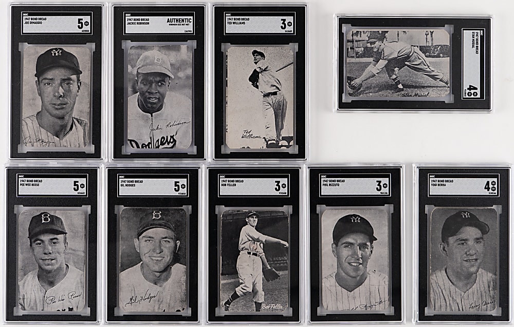 1947 Bond Bread Complete Set (44) with 9 SGC Graded Hall of Famers Including Berra RC, DiMaggio, J. Robinson RC & T. Williams