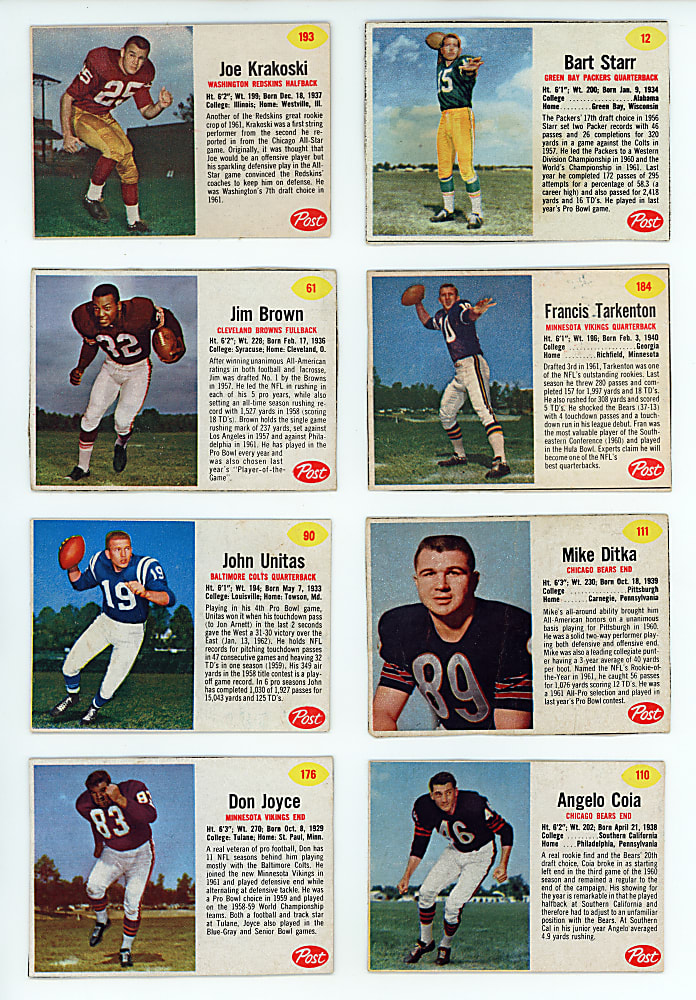 1962 Post Cereal Football Partial Set (152/200) with J. Brown, Ditka Rookie, Tarkenton Rookie & Many Shortprints