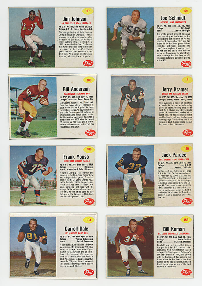 1962 Post Cereal Football Partial Set (152/200) with J. Brown, Ditka Rookie, Tarkenton Rookie & Many Shortprints