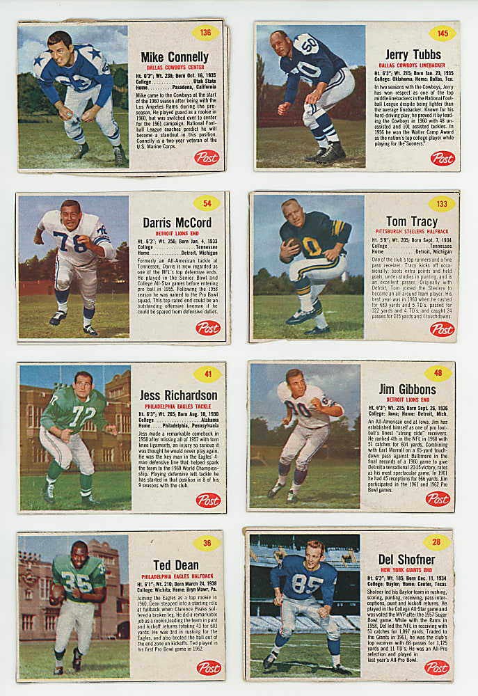 1962 Post Cereal Football Partial Set (152/200) with J. Brown, Ditka Rookie, Tarkenton Rookie & Many Shortprints