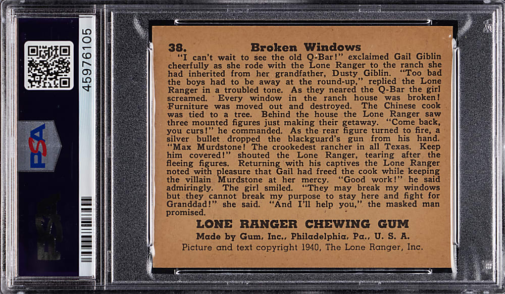 1940 Gum Inc. Lone Ranger #38 Broken Windows High Number PSA NM-MT 8 (Population 10, Only 2 Higher)