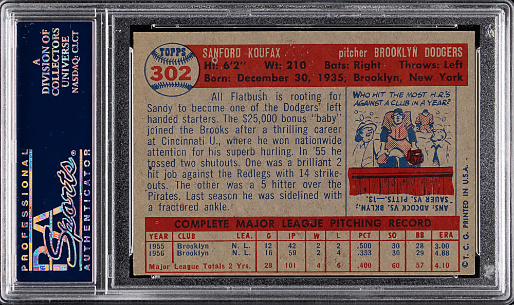 1957 Topps #302 Sandy Koufax PSA NM 7