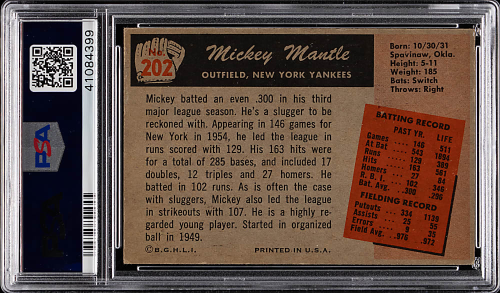 1955 Bowman #202 Mickey Mantle PSA VG 3