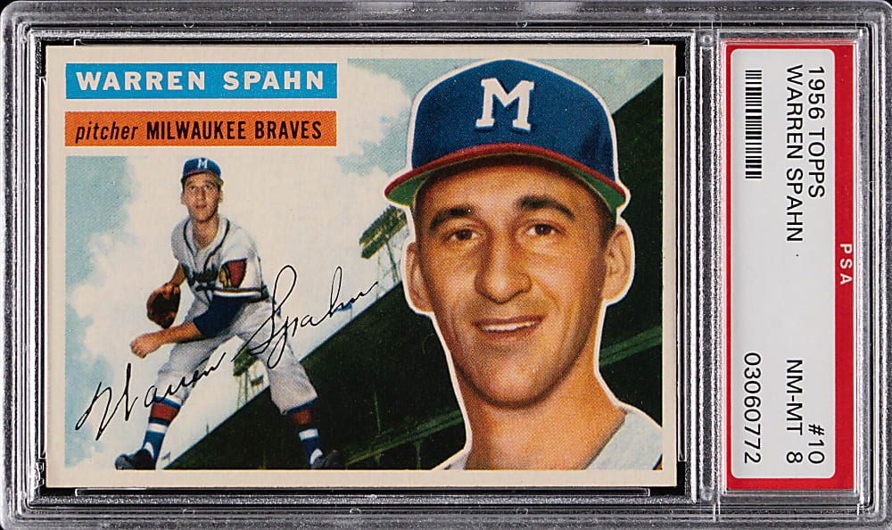 1956 Topps #10 Warren Spahn White Back PSA NM-MT 8