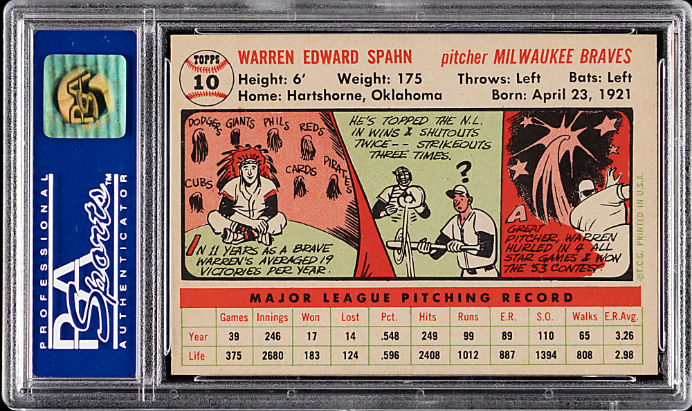 1956 Topps #10 Warren Spahn White Back PSA NM-MT 8