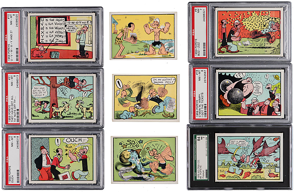 1958-1959 Ad-Trix Popeye Cards (15) with (9) Rare 1958 Action Picture Cards & (6) Graded 1959 Popeye Cards