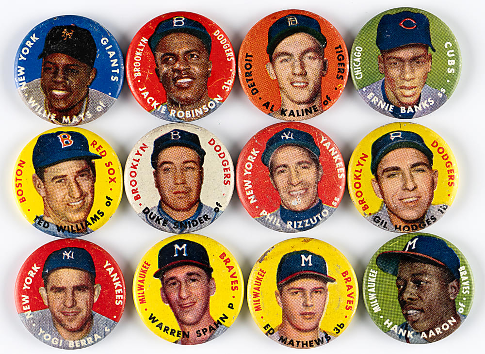 1956 Topps Pins Near Complete Set (53/60) with Aaron, Mays, J. Robinson & T. Williams