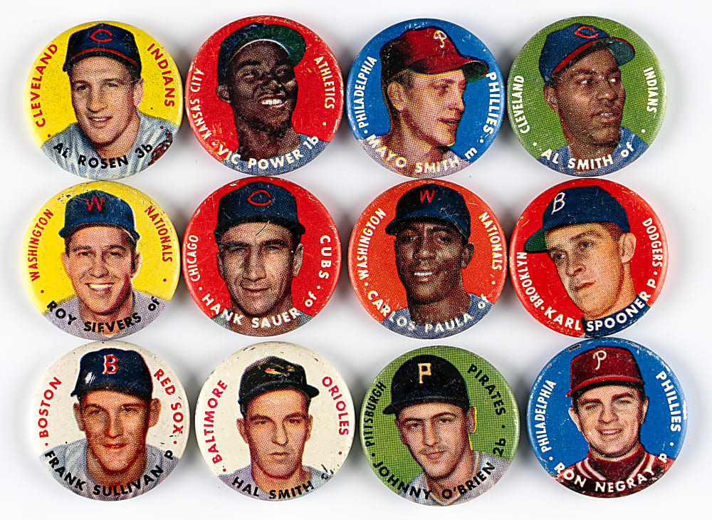 1956 Topps Pins Near Complete Set (53/60) with Aaron, Mays, J. Robinson & T. Williams