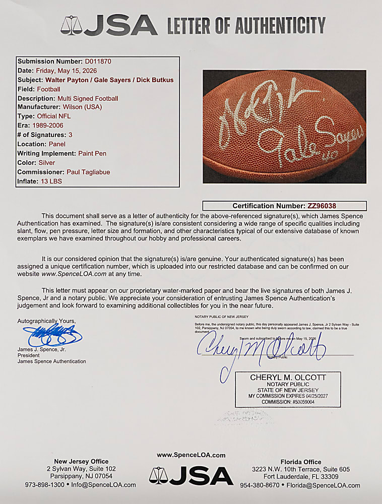 Chicago Bears Legends Multi-Signed Football with Walter Payton, Gale Sayers & Dick Butkus - Full JSA LOA