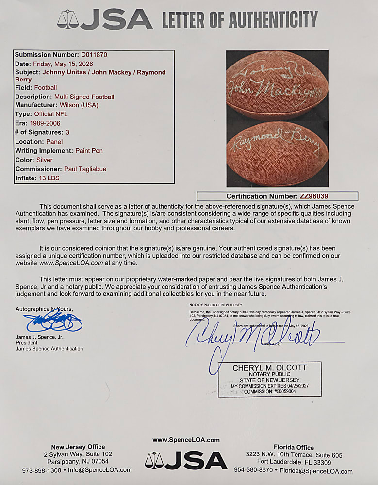 Baltimore Colts Legends Multi-Signed Football with Johnny Unitas, John Mackey & Raymond Berry - Full JSA LOA