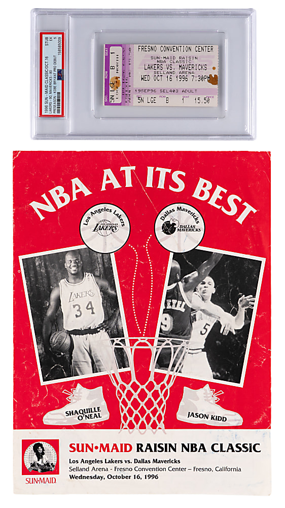 Extremely Rare 1996-1997 Kobe Bryant Los Angeles Lakers "Sun-Maid Classic" Pro Debut Program/Scorecard & Ticket Stub - PSA EX 5