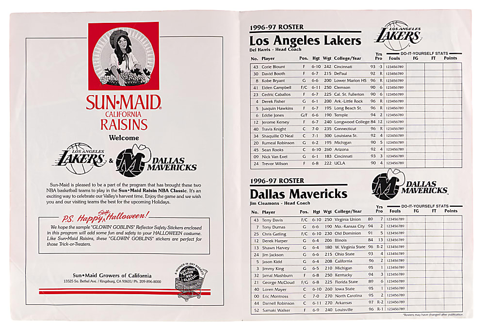 Extremely Rare 1996-1997 Kobe Bryant Los Angeles Lakers "Sun-Maid Classic" Pro Debut Program/Scorecard & Ticket Stub - PSA EX 5