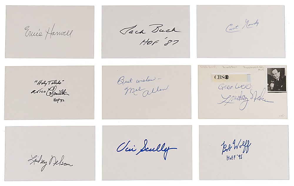 Legendary Announcer/Sportscaster Signed Index Cards (9) With Jack Buck & Vin Scully
