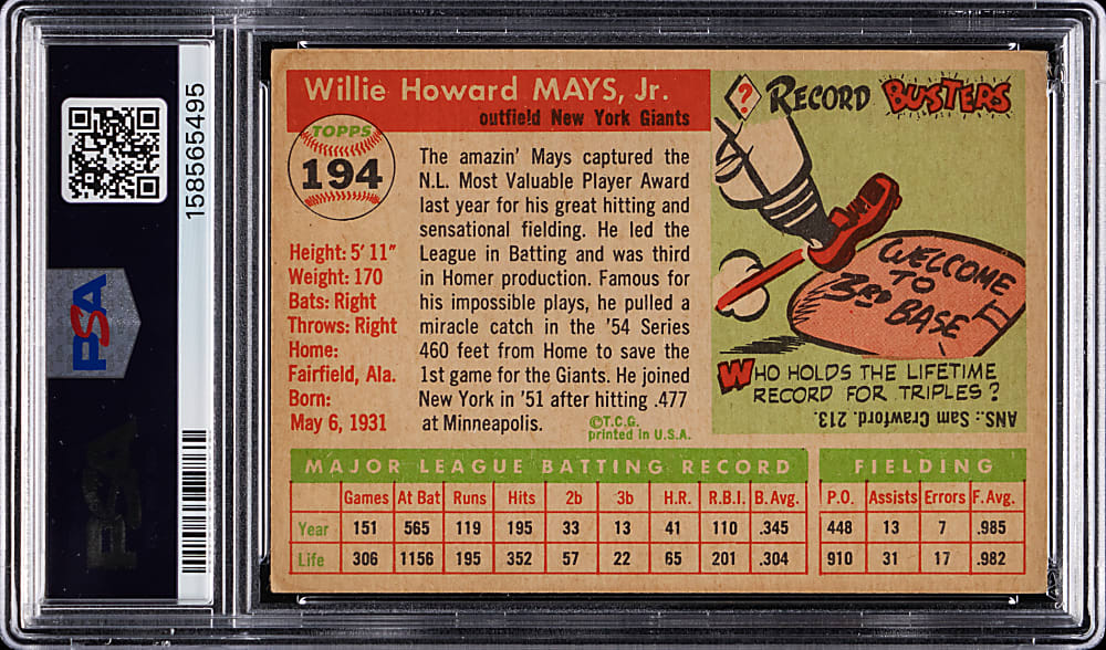 1955 Topps #194 Willie Mays PSA VG-EX 4