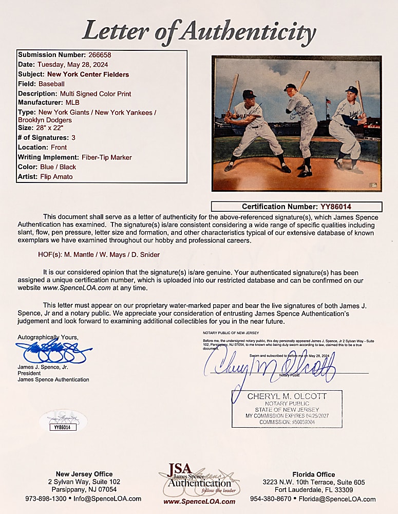 "Willie, Mickey & The Duke" New York Centerfielder Multi-Signed Art Print with Uniform Number Inscriptions - Full JSA LOA