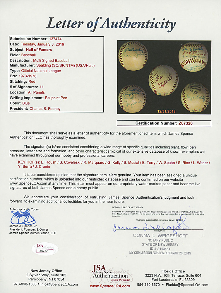 Hall of Famer Signed ONL/Feeney Baseball (11) Including Cronin, Musial & L. Waner - Full JSA LOA