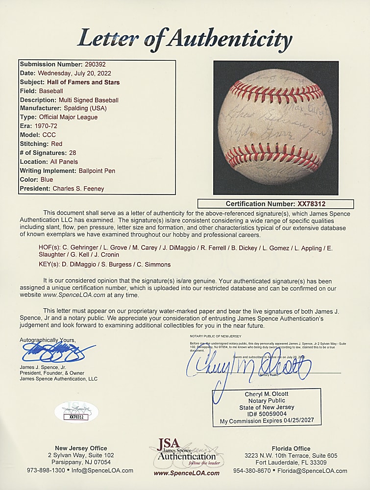 Hall of Famer & Star Signed ONL/Feeney Baseball (28) Including Joe DiMaggio & Lefty Grove - Full JSA LOA