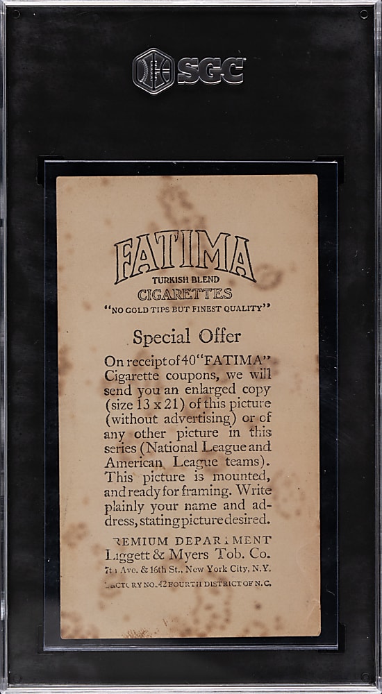 1913 T200 Fatima Team Card Cincinnati Nationals with Mordecai Brown and Joe Tinker SGC VG 3