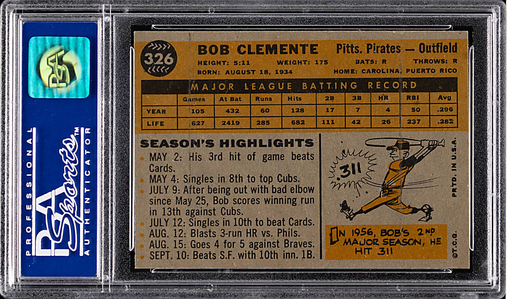 1960 Topps #326 Roberto Clemente PSA NM-MT 8