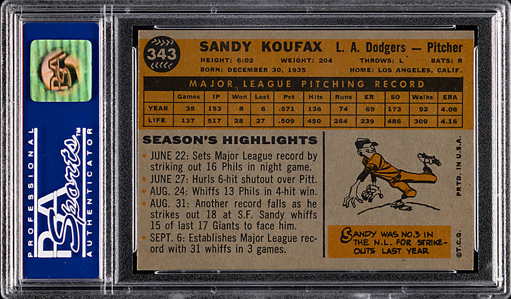 1960 Topps #343 Sandy Koufax PSA NM-MT 8