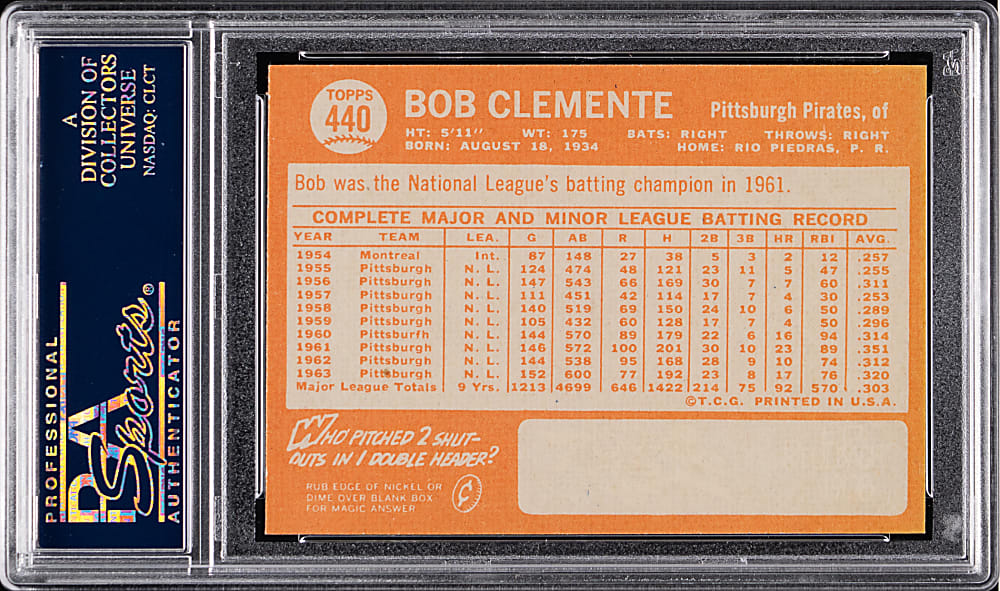 1964 Topps #440 Roberto Clemente PSA NM-MT 8