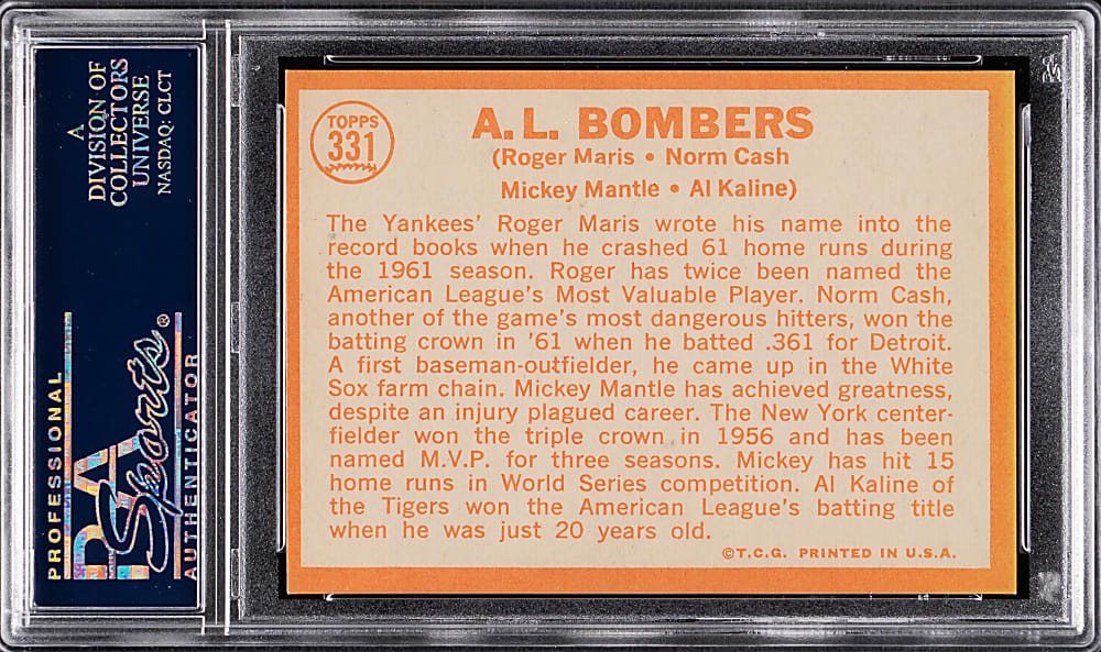 1964 Topps #331 A.L. Bombers with Mickey Mantle PSA NM-MT 8
