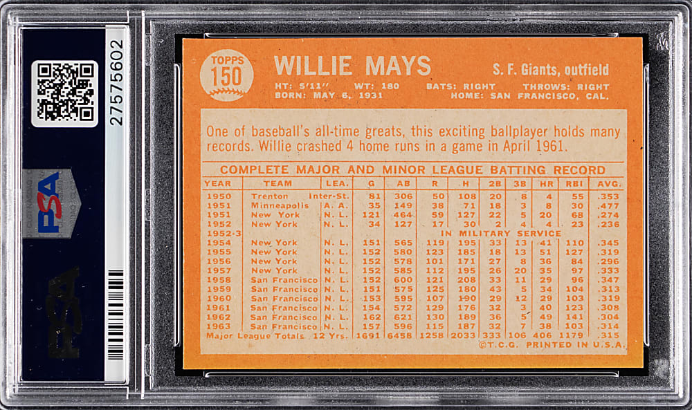 1964 Topps #150 Willie Mays PSA NM-MT 8