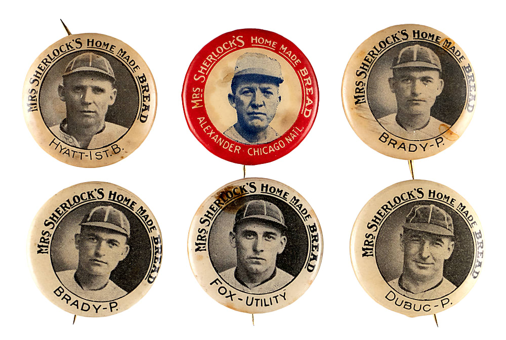 1920 & 1924 Mrs. Sherlock's Bread Pins (6) with 1924 Grover Alexander