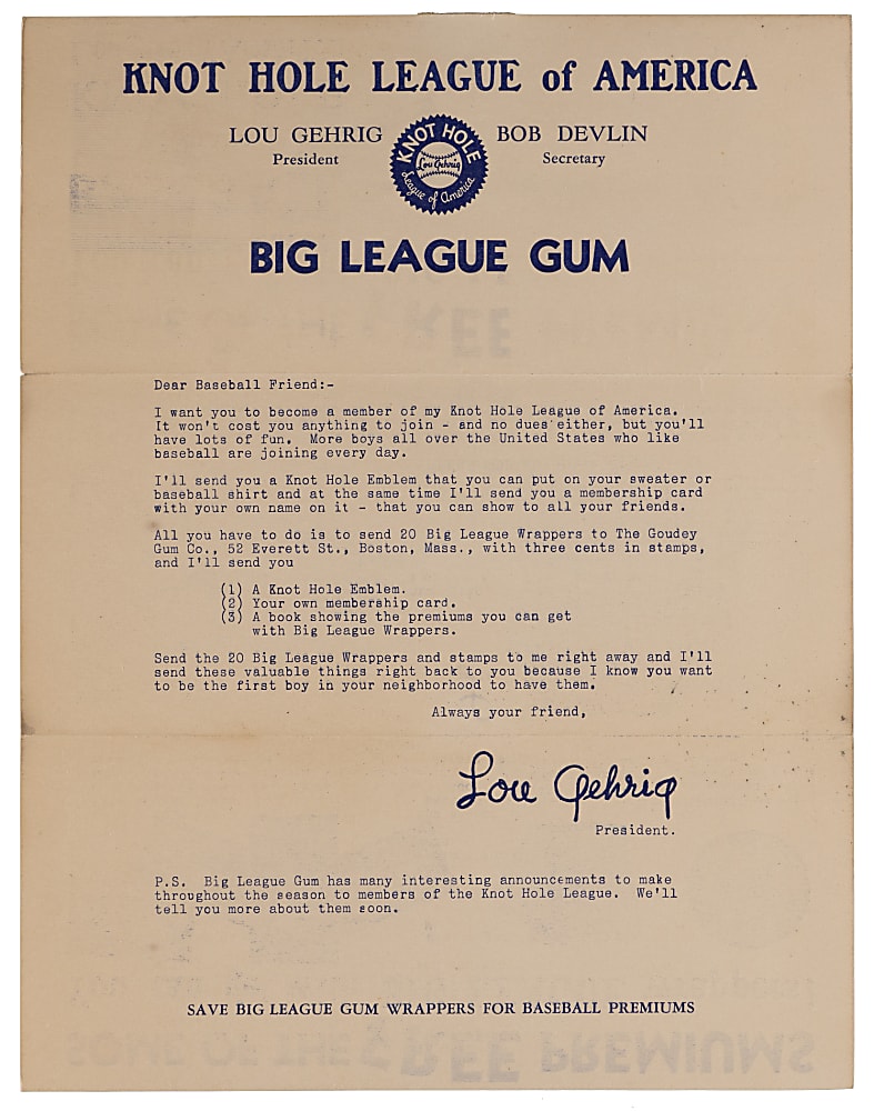 1934 Goudey Knot Hole League Lou Gehrig Letter with R309-1 Babe Ruth Advertisement