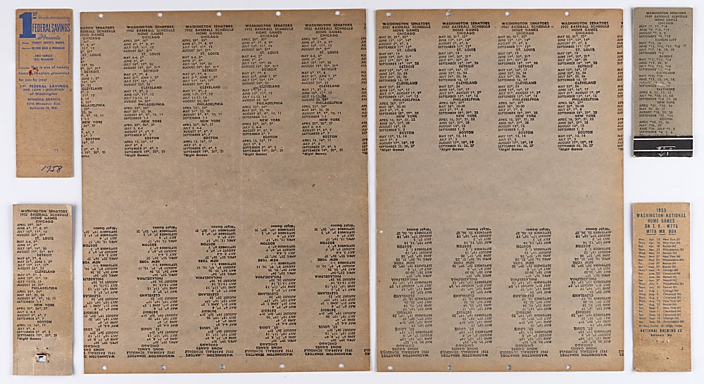 1951-1959 Washington Senators Matchbook Collection with 1951 & 1952 Uncut Schedule Sheets