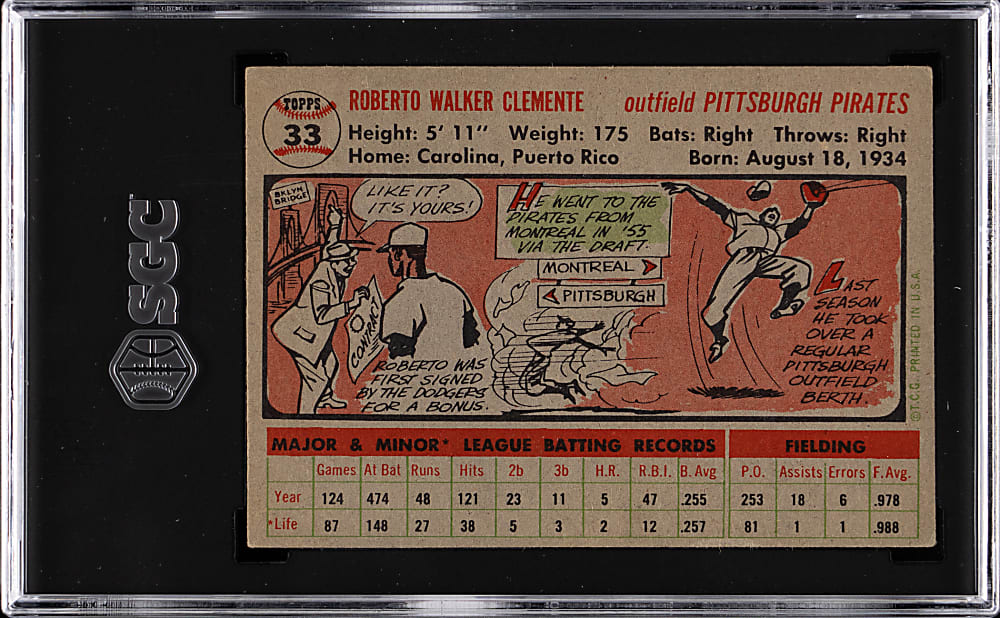 1956 Topps #33 Roberto Clemente Gray Back SGC VG+ 3.5