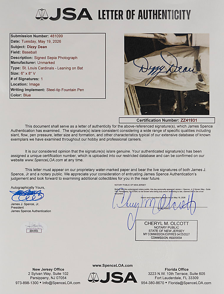 1934 Dizzy Dean Boldly Signed News Service Photograph With Full JSA LOA