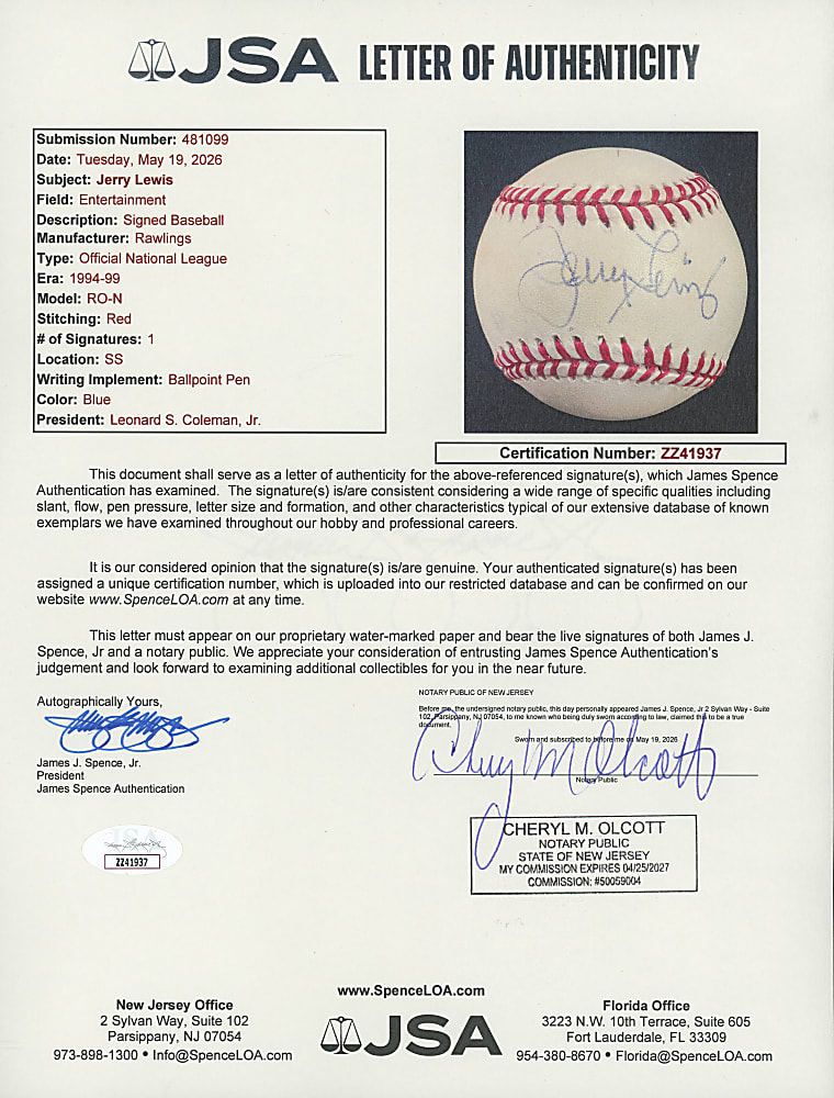 Jerry Lewis Single-Signed ONL/Coleman Baseball - Full JSA LOA