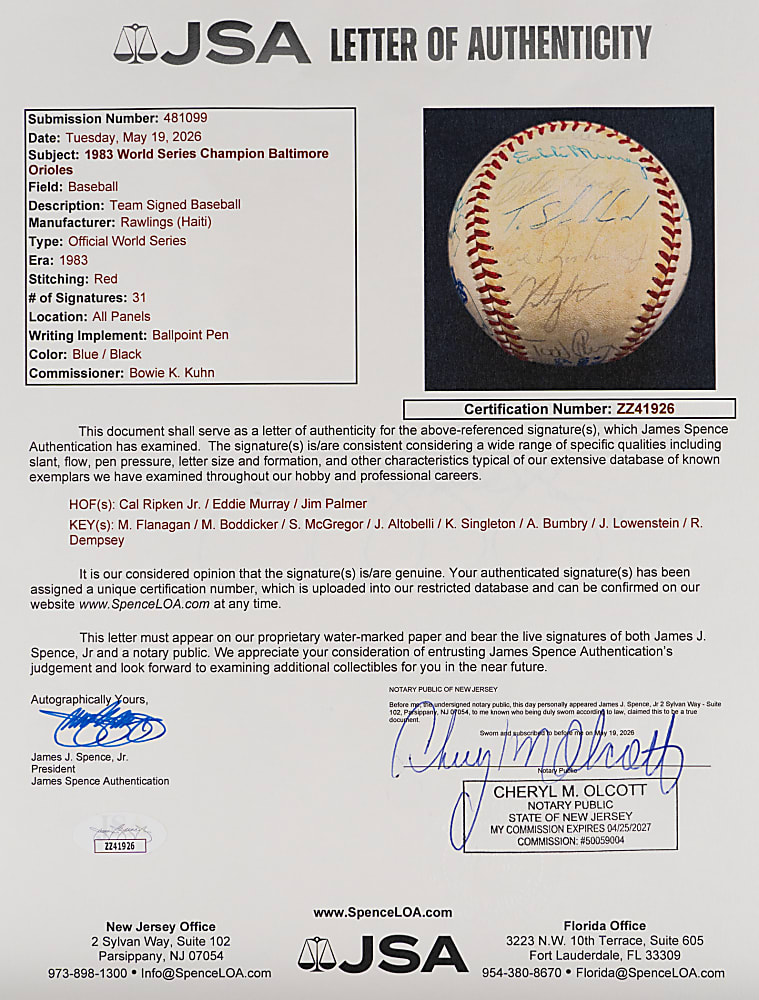 1983 World Champions Baltimore Orioles Team-Signed World Series Baseball with (30) Signatures Including Murray, Palmer & Ripken Jr. Plus Full JSA LOA