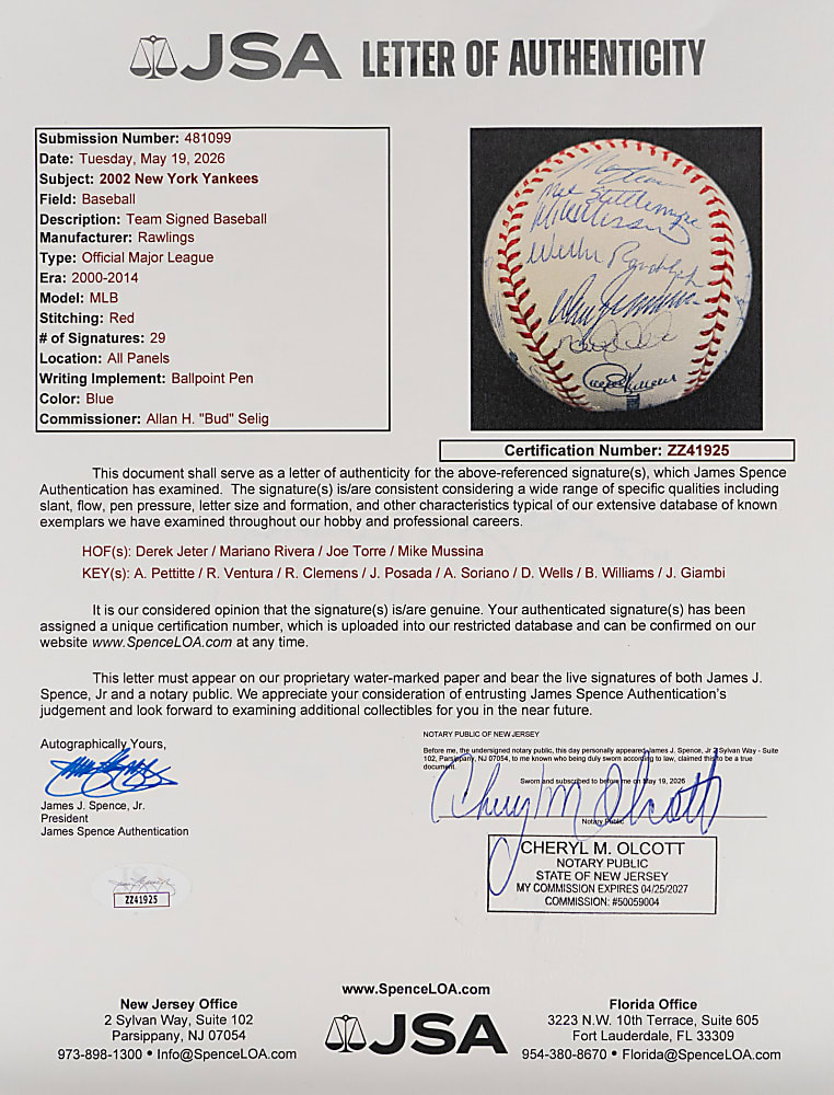 2002 American League East Champion New York Yankees Team-Signed Baseball with (29) Signatures Including The Core Four Plus Full JSA