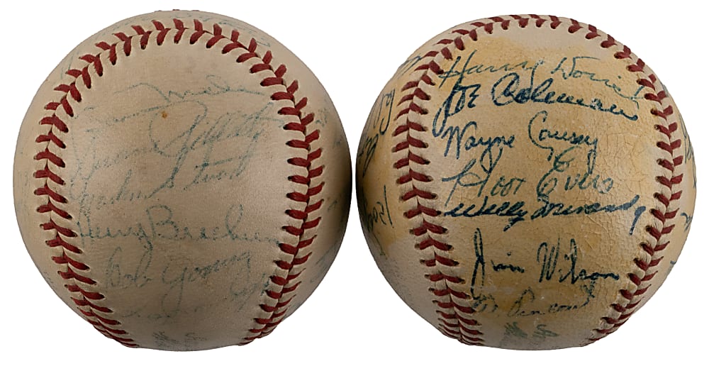 1954 & 1955 Baltimore Orioles Team-Signed Baseball Pair with Howie Fox, Eddie Waitkus & Paul Richards - Both Full JSA