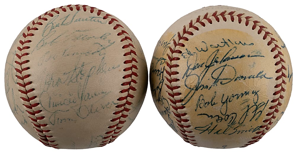 1954 & 1955 Baltimore Orioles Team-Signed Baseball Pair with Howie Fox, Eddie Waitkus & Paul Richards - Both Full JSA