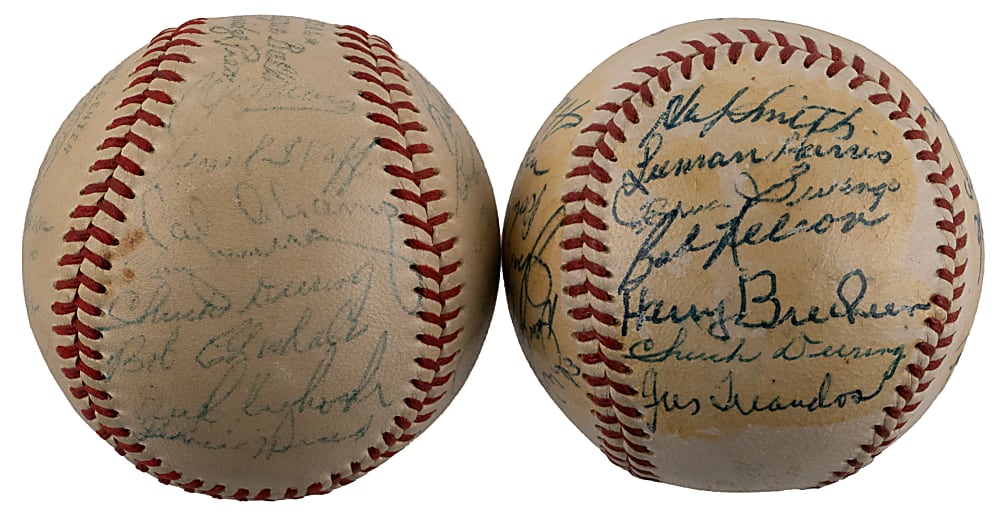 1954 & 1955 Baltimore Orioles Team-Signed Baseball Pair with Howie Fox, Eddie Waitkus & Paul Richards - Both Full JSA