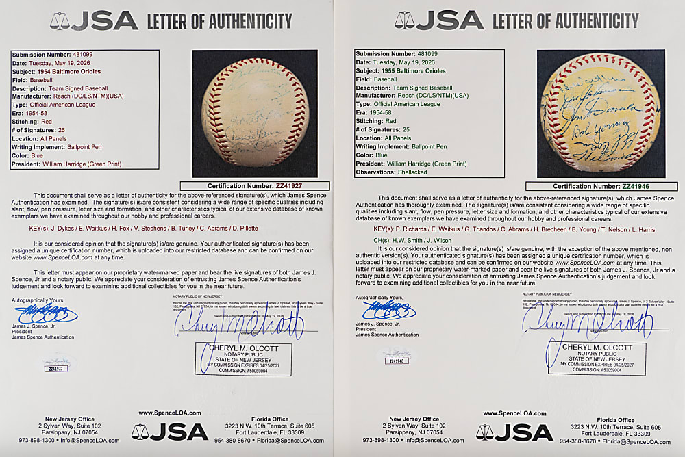 1954 & 1955 Baltimore Orioles Team-Signed Baseball Pair with Howie Fox, Eddie Waitkus & Paul Richards - Both Full JSA